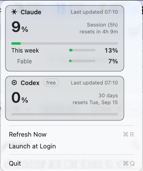 The Headroom dropdown: a card for Claude showing 9% of the five-hour session used with the weekly window and a per-model scope beneath, and a card for Codex on the free plan showing 0% of a 30-day window.